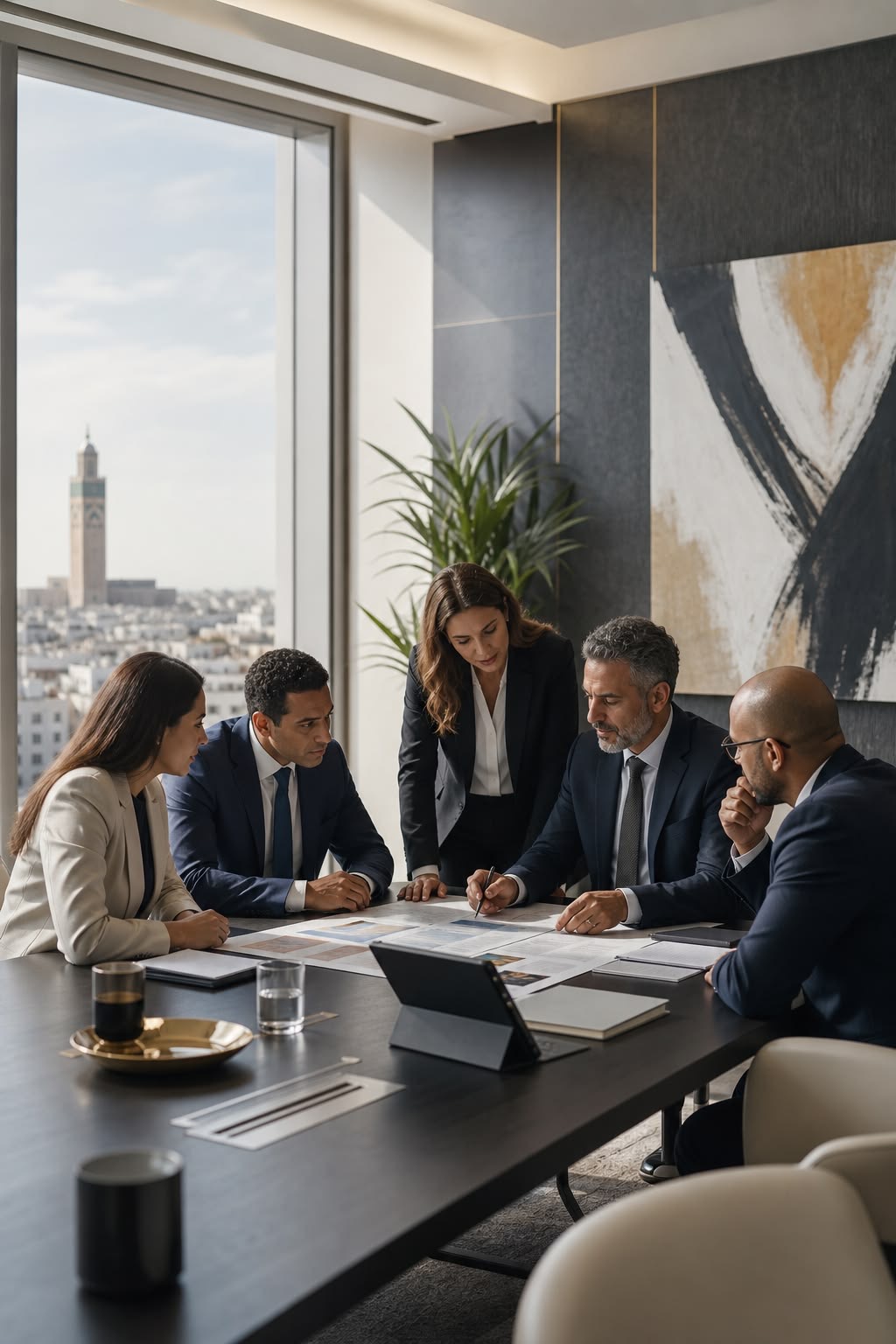 Business team reviewing financial documents together at a table