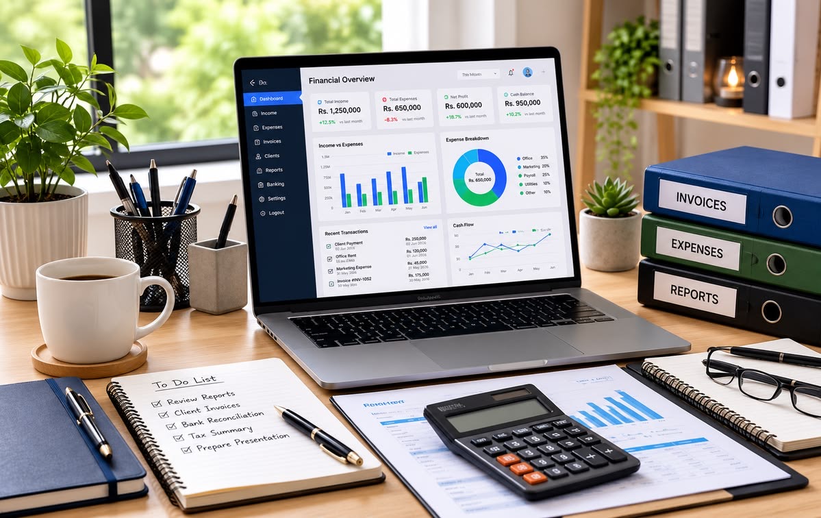 Calculator and laptop on a desk used for bookkeeping and financial review